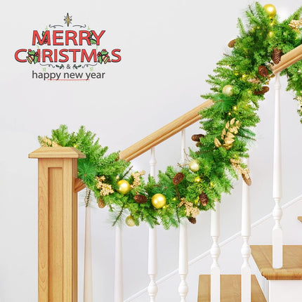 9 FT Prelit Christmas Garland with 100 LED Lights, 8 Modes 3AA Battery Operated Garland Golden Christmas Decoration with Timing Function for Home Fireplace Front Porch Door Display Indoor Outdoor