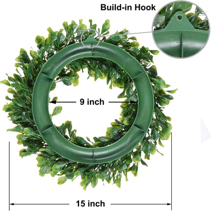Lvydec Artificial Green Leaves Wreath - 15" Boxwood Wreath Outdoor Green Wreath for Front Door Wall Window Party Décor