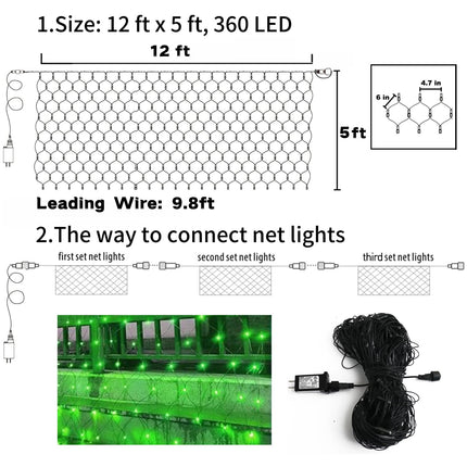 hyrion Green Net Lights 360 LED with Green Wire,12ftx5ft Connectable Mesh String Lights with 8 Lighting Modes,Christmas Decorations for Outdoor Trees,Bushes,Garden