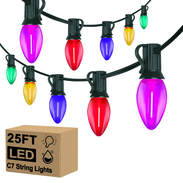 25Ft Christmas Lights Multicolor C7 Vintage Outdoor String Lights with 27 LED Bulbs(2 Spare), Hanging Xmas Tree Lights Waterproof for Patio Garden Party Wedding Holiday Decorations-Green Wire