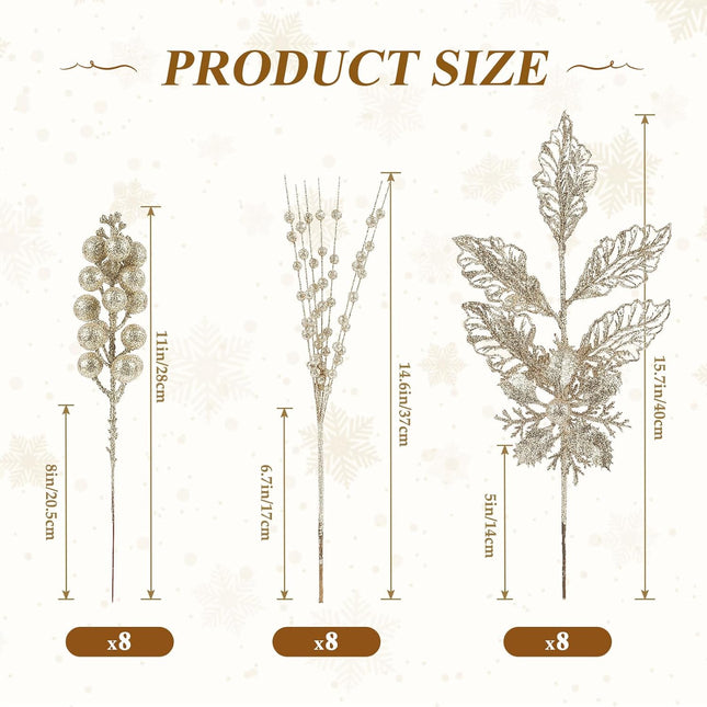 24Pcs 3 Styles Christmas Glitter Tree Picks and Sprays, Artificial Holly Berry Stems Decorations, Floral Twigs Sprays with Berries for Xmas Tree Wreath Decor, DIY Craft for Garland, Champagne Gold