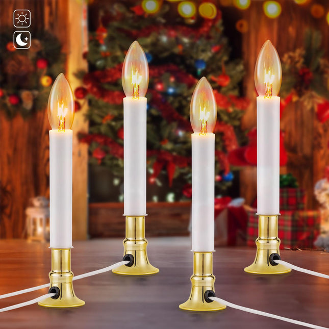 TOBUSA 4 Pack Christmas Electric Window Candle Lights, Dusk to Dawn Candle Lamps with Brass Base, 9in Plug in Candle Lights with 7W E12 Base Incandescent Bulbs for Windows, Home, Party Decor