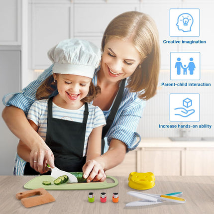 10Piece Toddler Knife Set Kids Safe Knives For Real Cooking, Montessori Kitchen Tools With Cutting Board, Apron, Sandwich Cutter