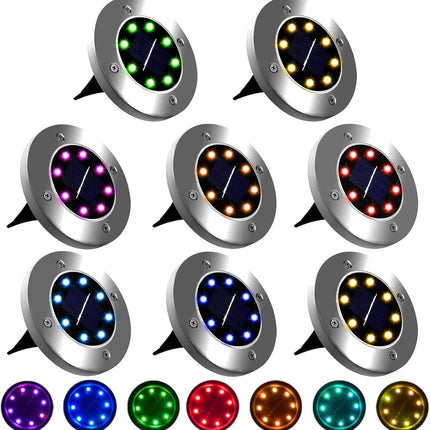 Uniqus Solar Ground Lights, 8 Pack, Waterproof Outdoor Lights For Garden Yard Patio Pathway Driveway Deck, Multicolor Solar Disk