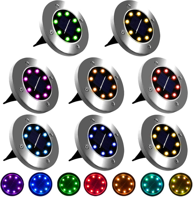 Uniqus Solar Ground Lights, 8 Pack, Waterproof Outdoor Lights For Garden Yard Patio Pathway Driveway Deck, Multicolor Solar Disk
