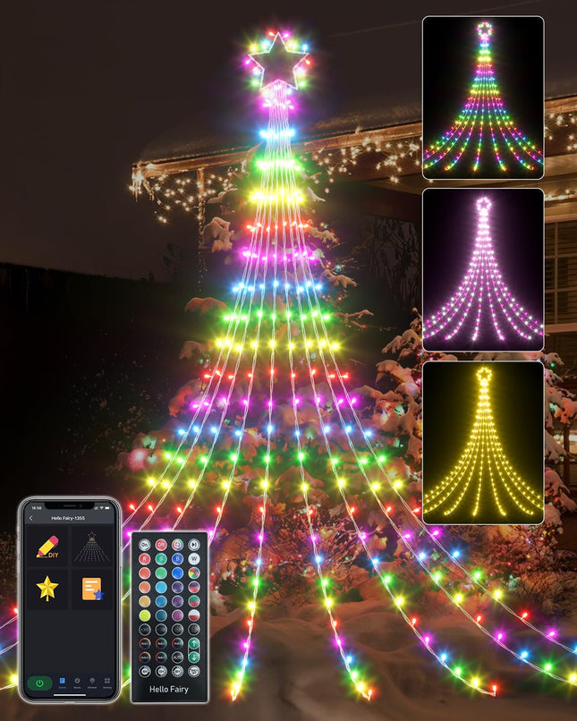 23FT Outdoor Christmas Decorations Star String Lights, Smart RGB Led Tree Lights Waterfall DIY Preset Scenes App Remote Control Large Unique Yard Lights for Outside Roof Home Xmas Holiday Decor