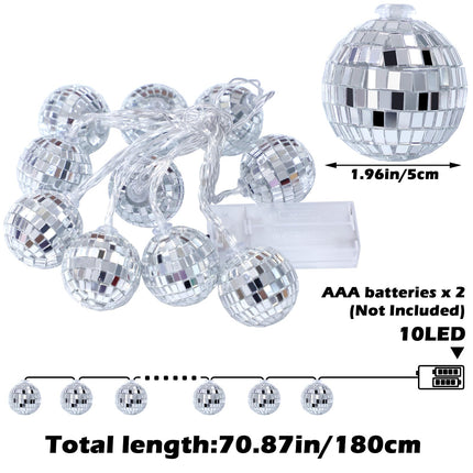 BBTO 2 Inch LED Disco Ball Decorations Mirror Lighted Disco Balls String Lights Mini Disco Ball Christmas Tree Ornaments for Xmas 70s Disco Party Supplies(Silver)