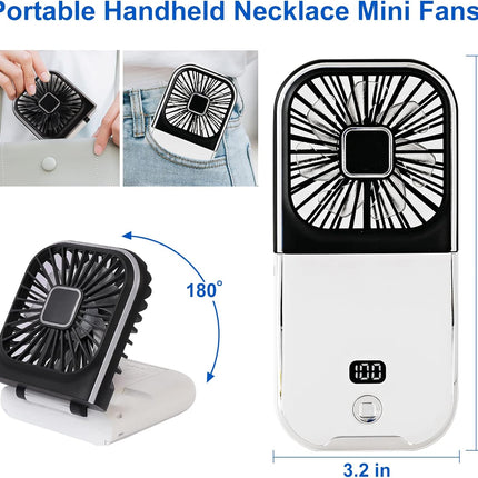 Portable Digital Display Personal Handheld Fan Foldable, Mini Quiet Usb Rechargeable Necklace Fans With 3000Mah Power Bank
