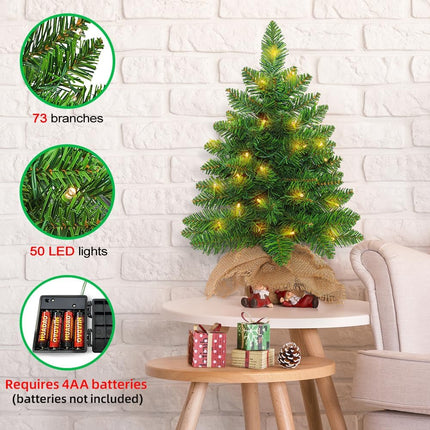Small Christmas Tree with Lights - 2FT Pre Lit Artificial Mini Christmas Tree, Includes 50 Led Warm Lights, 73 PVC Branch Tips Thick and Full, Seasonal Indoor Home Tabletop Decor