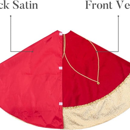 Valery Madelyn Christmas Tree Skirt for Tree Decorations, 36 Inch Fabric Luxury Red Gold Large Xmas Velvet Tree Skirt with Embroidery Flower & Golden Baroque Border Tree Merry Christmas Party Decor