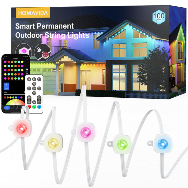 Permanent Outdoor Lights 100ft, Christmas DIY Decor, Smart RGB+IC Outdoor Lights for House with Remote, 72 LED IP65 Waterproof Eave Light for Holiday, Party, Work with Alexa, Google Assistant