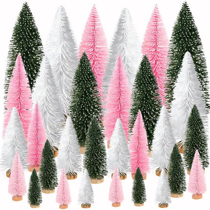 Yahpetes Artificial Mini Christmas Trees, 30 Pcs Sisal Snow Pines in 5 Sizes, Crafting Displaying Decoration, Tabletop Xmas Tree for Home, Party (Pink/White/Green)