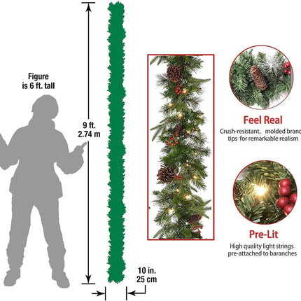 Pre-Lit Artificial Christmas Garland, Green, White Lights 50, Decorated with Pine Cones, Berry Clusters, Plug in, Christmas Decorations, 9 Feet