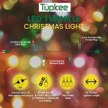 Christmas LED Random Twinkle Lights - 100 LED Red, Green, and Warm White Bulbs - 16 of 100 Lights Twinkle - Indoor Outdoor – 24.75 Feet Light String, Christmas Tree Holiday Decor Twinkling Lights