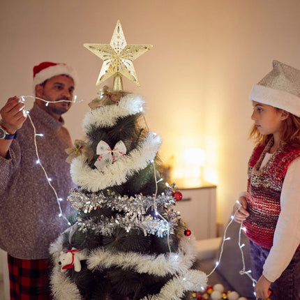 DG-Direct Christmas Tree Topper Lighted Star [Gold],3D Hollow Sparkling Star Christmas Tree Topper with Rotating Magic Cool White Snowflake Projector for Christmas Tree Ornament (Gold)