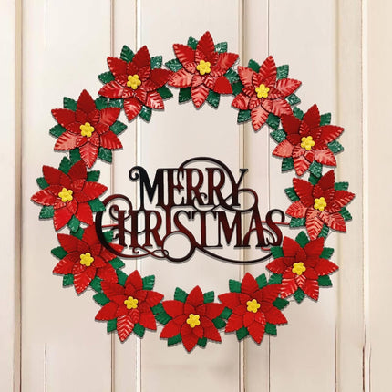 16” Metal Christmas Wreath for Front Door, Poinsettias Handcrafted Holiday Xmas Door Wreaths Clearance Porch Decorations
