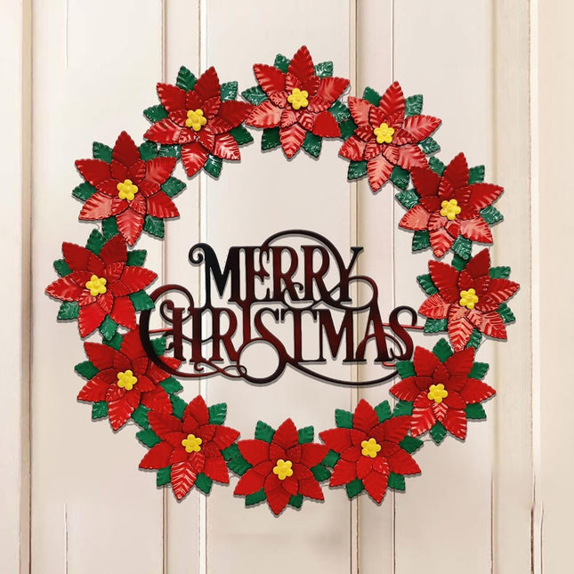 16” Metal Christmas Wreath for Front Door, Poinsettias Handcrafted Holiday Xmas Door Wreaths Clearance Porch Decorations