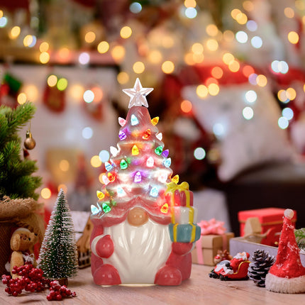 Uspring Ceramic Christmas Tree Christmas Gnomes 8'' Lighted Up Gnome Christmas Tree Table Top Christmas Trees with 46 Lights, Gnome Christmas Decorations for Home Room Fireplace (Pink)