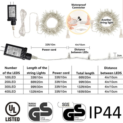 gresonic 33ft 100 LED String Lights Indoor Outdoor, Warm White Christmas Lights Clear Wire, 8 Modes Waterproof Twinkle Fairy String Lights Plug in for Tree Room Bedroom Wedding Decorations