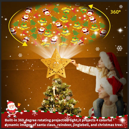 Star Christmas Tree Topper Lighted with Built-in Rotating LED Projector, Gold Glitter Starburst Tree Top Projection of 4 Dynamic Images for Christmas Tree Home Office Party Decor Ornament