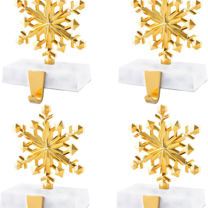 Snowflake Christmas Stocking Holders Set of 4 Gold, Xmas Stocking Holders for Mantle, Mantel Fireplace Topper Stand Hooks, Stockings Hangers
