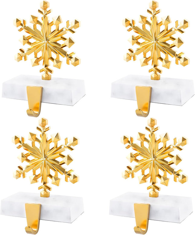 Snowflake Christmas Stocking Holders Set of 4 Gold, Xmas Stocking Holders for Mantle, Mantel Fireplace Topper Stand Hooks, Stockings Hangers