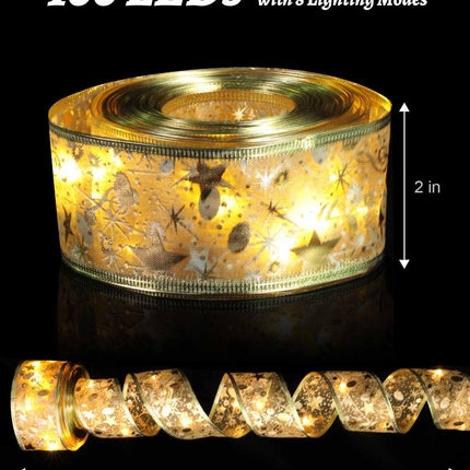 32ft Christmas Tree Ribbon with 100 LED Lights, Gold Wired Ribbon for Christmas Tree with Battery & USB Powered, 8 Lighting Modes, Xmas Tree Decorations, Christmas Ribbon Lights