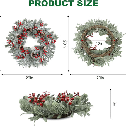 Artificial Christmas Wreath 20 Inch Christmas Wreaths for Front Door Winter Wreath with Red Holly Berries Pine Cones for Front Doors Xmas Winter Holiday Indoor and Outdoor