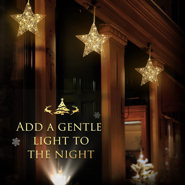 Hanging Outdoor Christmas Star Light, Battery Operated LED Porch Light with Beads, Xmas Warm White Lantern Star Hanging Lamp for Indoor Outdoor Holiday Decorative Ornament, Gold