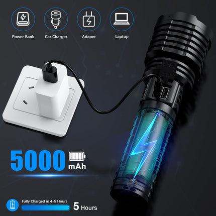 Super Bright Rechargeable LED Flashlights 5000.000 High Lumens, Flashlights High Lumens Up to 25H Long Battery Life| Zoomable| 5Light Modes| IP67 Waterproof, High Powered Flashlight for Camping Home