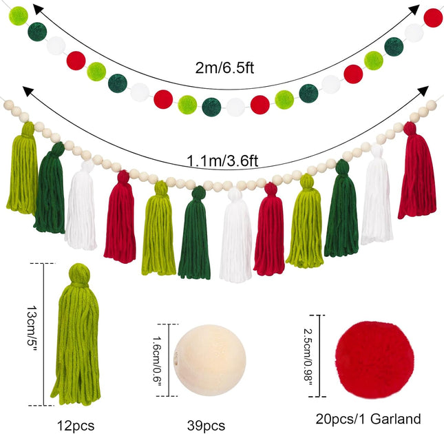 joycraft Tassel Garland Banner with Pom Pom Garlands, 3.6Ft Christmas Home Decor Tassels Garland, Tassel Banner with Wood Beads, Wall Hanging Tassel Garland Decor for Back to School, Home, Christmas