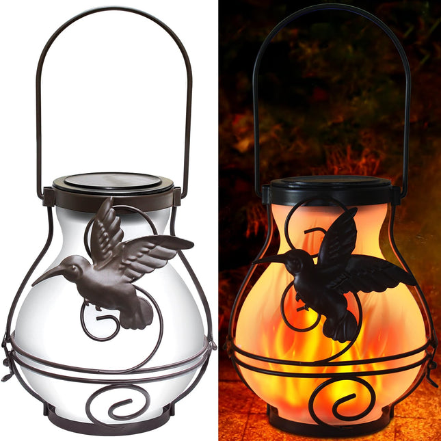 2 Pack Solar Flickering Flame Lights,Outdoor d Solar Metal Lantern for Hanging Solar Powered Waterproof LED Flame Glass Lanterns for Patio Garden Christmas Halloween Decorations