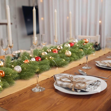 Christmas Pine Garland with 50LED Lights and 24pcs Balls, 6Ft Christmas Greenery Garland Realistic Cedar Artificial Cypress Garland for Holiday Mantel Fireplace Table Centerpiece Decor