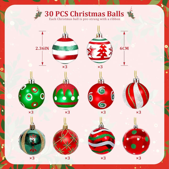 Christmas Ball Ornaments, 30 Pcs 2.36 Inch Red White Green Small Plastic Decorative Hanging Ornaments for Indoor Outdoor Christmas Tree Wreath Christmas Party Decorations Supplies - 10 Patterns