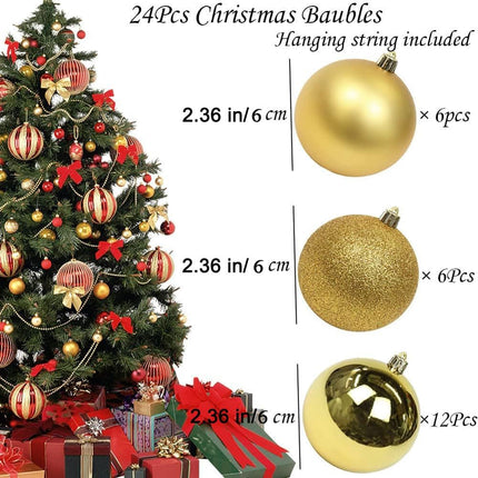 24Pcs Christmas Balls Ornaments for Xmas Christmas Tree - Shatterproof Christmas Tree Decorations Hanging Ball for Holiday Wedding Party Decoration (2.36“, Gold)