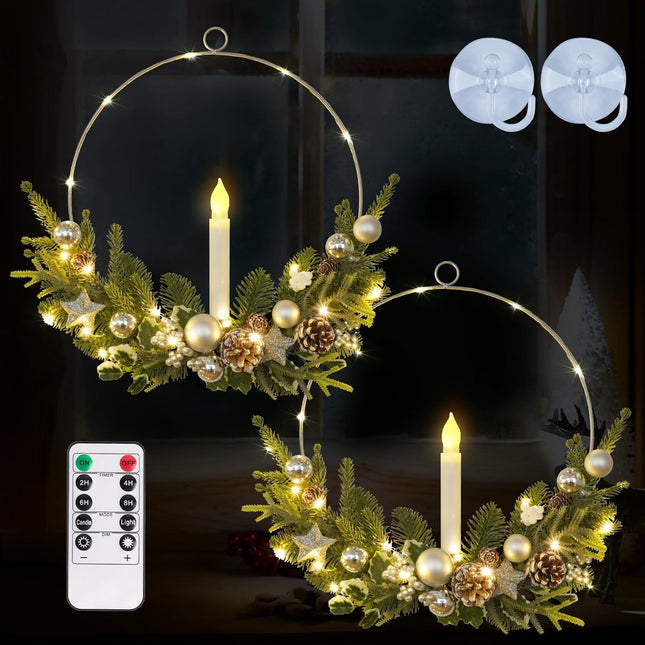 Dolicer 2 Pcs Christmas Wreaths for Windows, 12In Christmas Wreaths for Front Door Christmas Wreath with Lights Christmas Window Wreath with Taper Candles Remote Control for Holiday Christmas Party