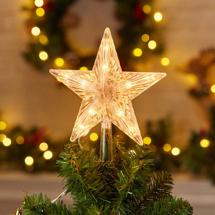 Christmas Tree Topper Lighted Star with Built-in 10 Replaceable Bulbs, 9.5” Clear Five-Pointed Star Tree Topper Plug in for Indoor Office Xmas Year Holiday Tree Decoration, Warm White