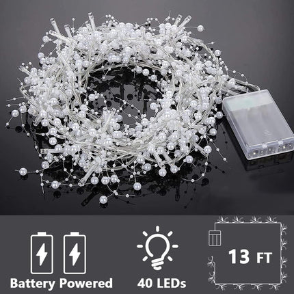 OVV 13FT Christmas White Pearl String Lights 40LED Lighted Berry Beaded Garland Festive Indoor Xmas Decoration Warm Lights for Bedroom Mantel Wedding Party Decor Battery Operated (White)