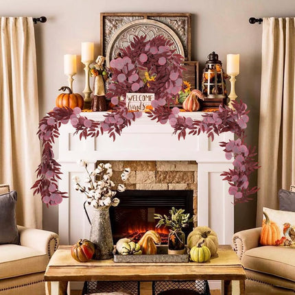 2Pcs Artificial Eucalyptus Garlands with Willow Leaves 6.6 Ft Faux Hanging Eucalyptus Willow Vines Fall Rattan for Thanksgiving Christmas Party Wedding Table Centerpiece Fireplace Decoration(Burgundy)