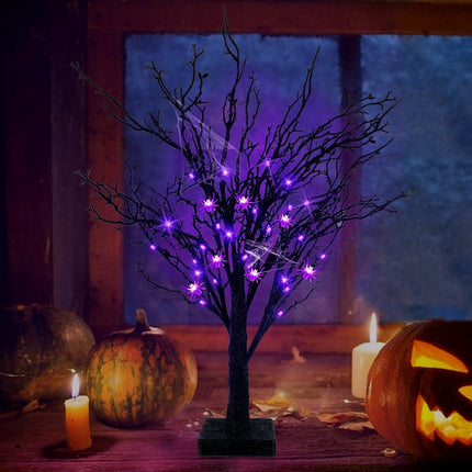 [ Timer ] TURNMEON 2FT/24'' Prelit Halloween Black Tree Decor with 25 Spiders & 24 Purple Lights Battery Operated Artificial Halloween Spooky Tree Halloween Indoor Tabletop Home Holiday Decorations