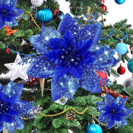 Poinsettia Christmas Flowers Decoration -12Pcs Artificial Red Gold Poinsettia Christmas Tree Ornaments Glittery for Xmas Year Wedding Party Wreath DIY Garland Decor (Royal Blue)