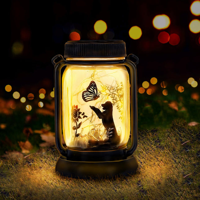 Styleonme Decor Mobile Outdoor Solar Lanterns, Solar Waterproof Dog Lights with Butterfly, s for Women Men Dog Lovers s, Hanging Dog Lanterns with Stake for Yard Lawn Garden Decor