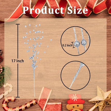 22 Pack Artificial Glitter Berry Stem Ornaments,Silver Christmas Glitter Picks Artificial Berries Stems Ornaments Fake Xmas Stem Decorative Sticks for Vases Tall DIY Wreath Home Decor(Silver)
