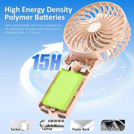 Portable Handheld Fan Pink,15H Max Cooling Time,Rechargeable Small Personal Fan,4 Speeds Battery Operated Fan,Women,Men'S Travel