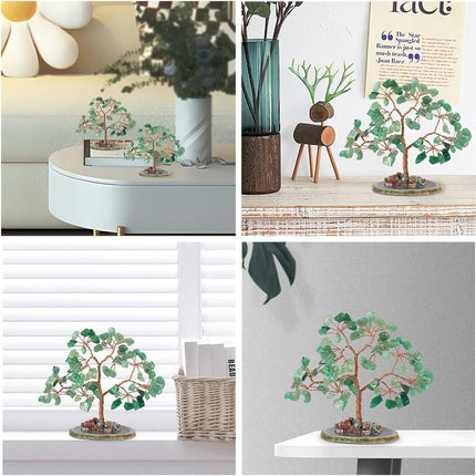 Green Aventurine Crystal Money Tree, Feng Shui Chakra Tree of Life with Geode Agate Slices Base Home Decor for Wealth and Luck.