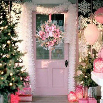 22inch Christmas Pink Wreath for Front Door with 30 LED Lights,Elegant Pink Magnolia Christmas Door Wreath,Festive Holiday Decor, Frosted Winter Wreath,Pink Decorations for Christmas and Wedding