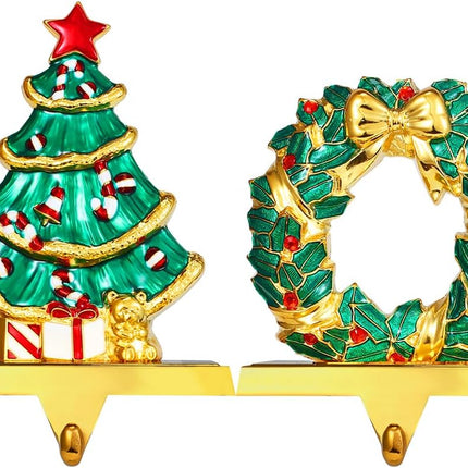 Christmas Tree Stocking Holders for Mantel ,Christmas Wreath Stocking Hangers for Fireplace Mantel Weighted Stocking Hooks Metal Tree Stocking Holder Stand for Christmas Decoration (Gold Tree Set)
