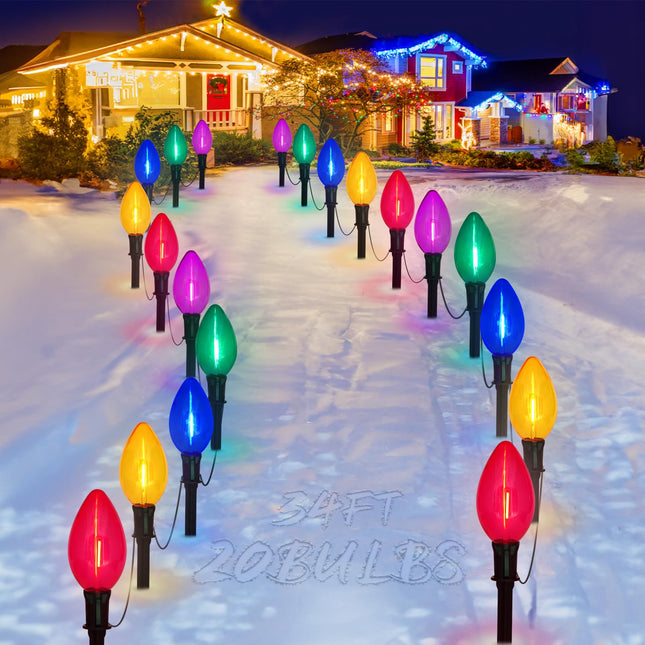 2 Packs Outdoor Christmas Decorations, Total 34 Feet 20 LED C9 Christmas Pathway Lights or Xmas String Lights, Multicolored Bulbs Waterproof Marker Lights for Yard Holiday Lawn Walkway Garden