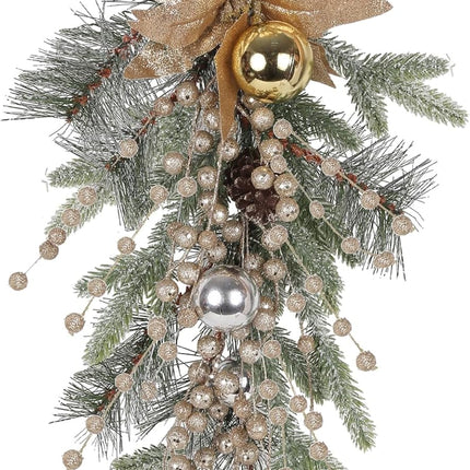 Christmas Teardrop Swags, 20 Inch Artificial Pine Cone Needles Teardrop Wreath with Berries, Ball Ornaments, Poinsettia Swag Garlands for Front Door Window Table Door Decor(Champagne)