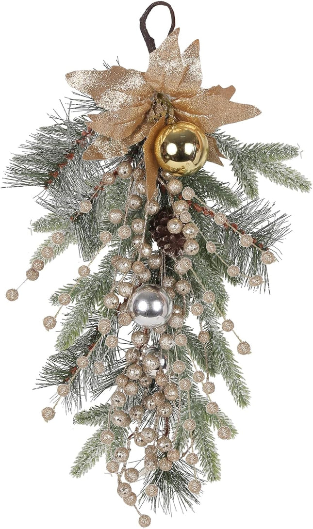 Christmas Teardrop Swags, 20 Inch Artificial Pine Cone Needles Teardrop Wreath with Berries, Ball Ornaments, Poinsettia Swag Garlands for Front Door Window Table Door Decor(Champagne)
